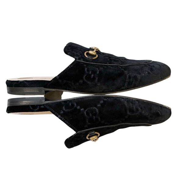 Gucci Princetown Velvet Horsebit Mules Black GG Logo Loafers EU 37 US 7 Monogram - Picture 3 of 11